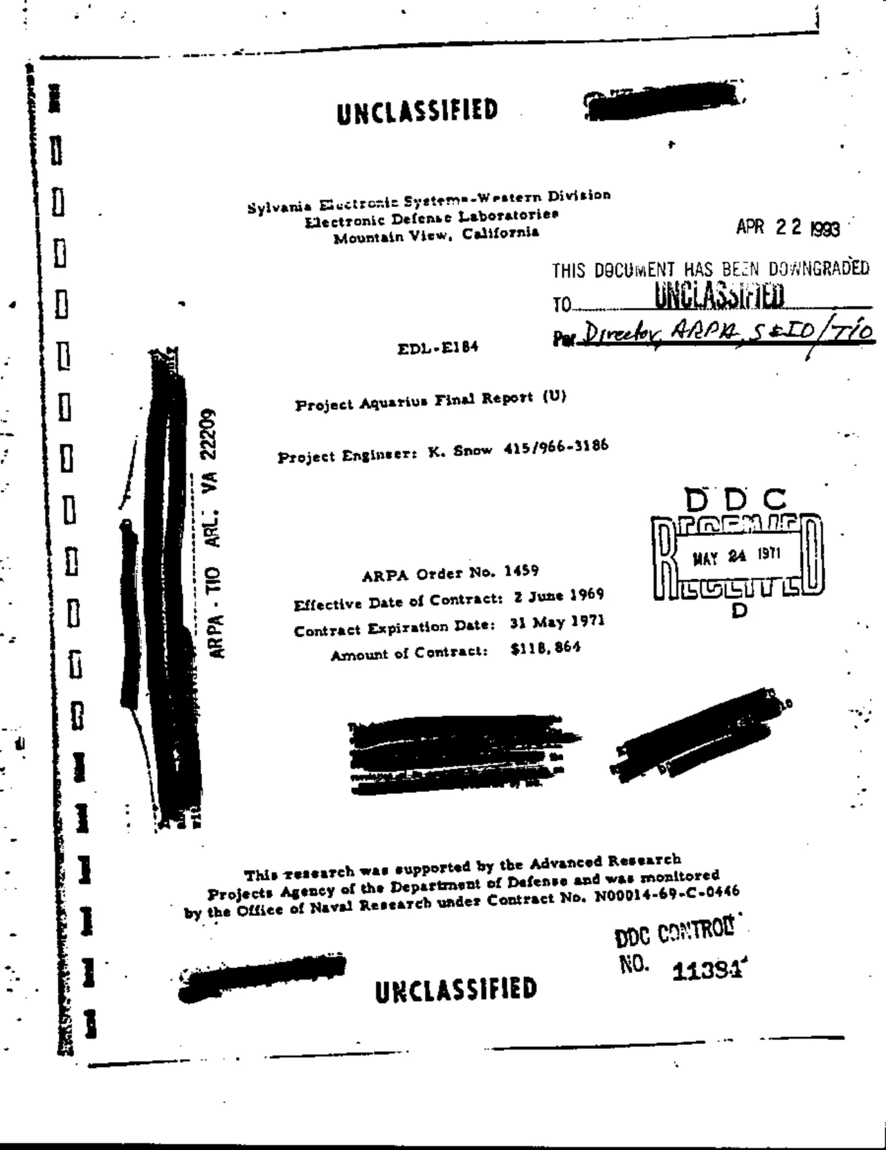 Title page of the 1971 ARPA Project Aquarius Final Report on ocean-surveillance radar