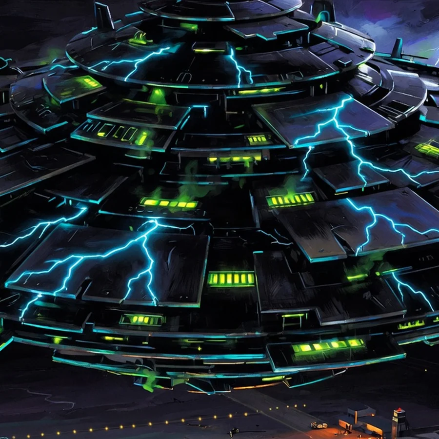 Project Aquarius - artist's depiction of a dark UFO over a night air base