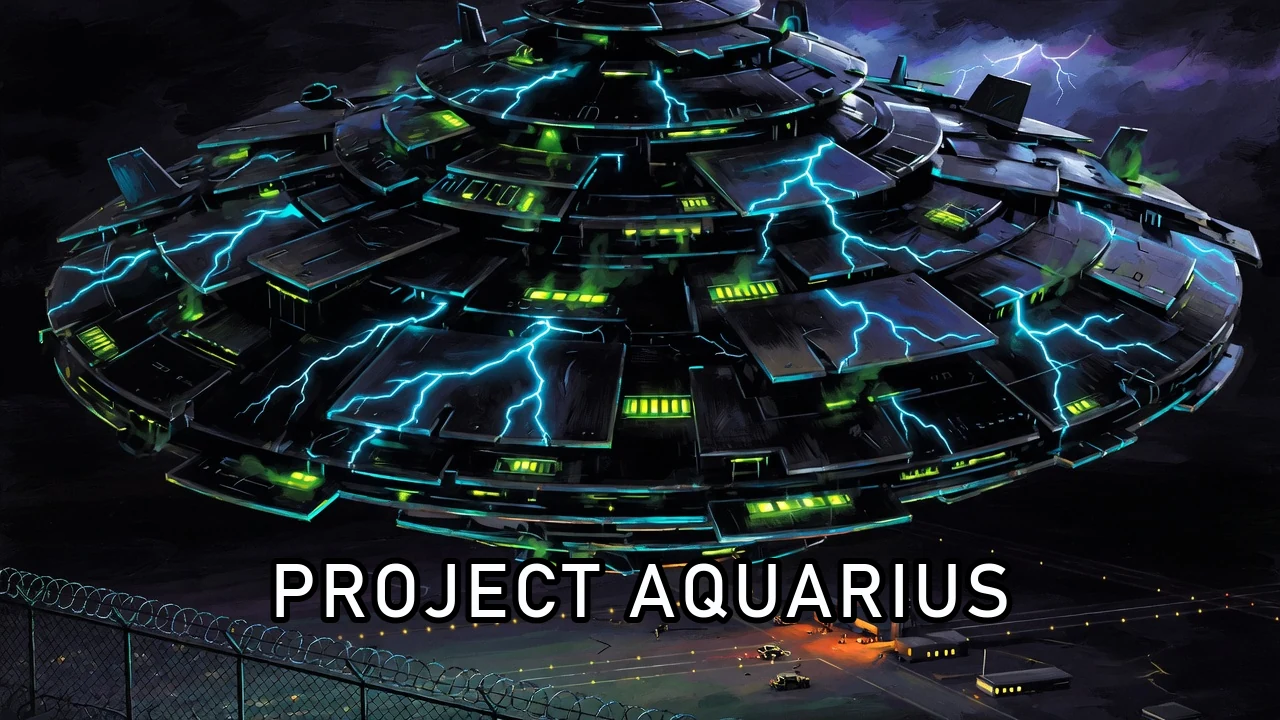 Artist's depiction of a huge dark UFO over a night air base with the words PROJECT AQUARIUS