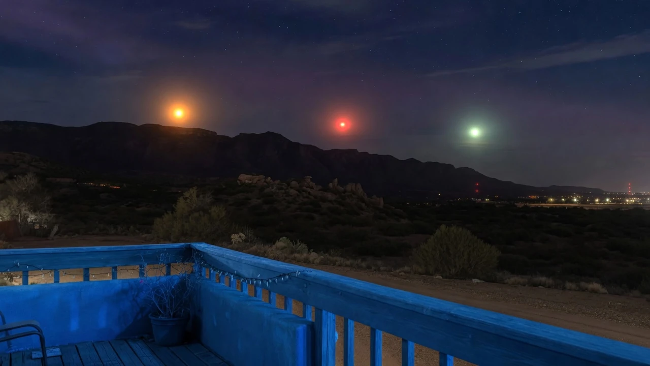 Artist's depiction of colored lights over a New Mexico mountain range, seen from a night deck
