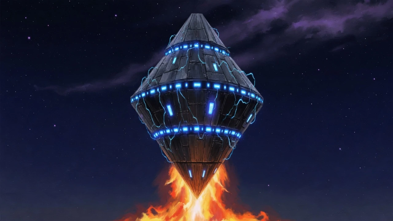 Artist's depiction of a huge upright diamond-shaped UFO with a ring of blue lights and fire blasting from the bottom point