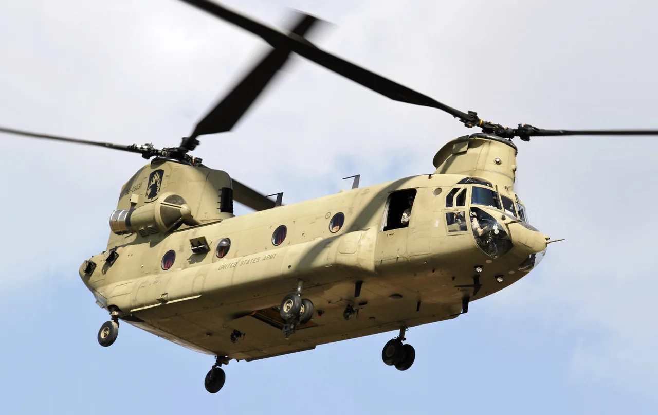 U.S. Army CH-47 Chinook helicopter departing a landing zone