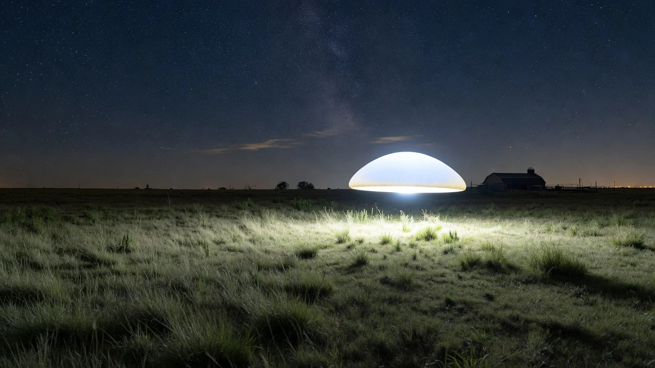 Artist's depiction of a bright mushroom-like glow low over a rural farm at night - not a photograph of the 1971 Delphos incident