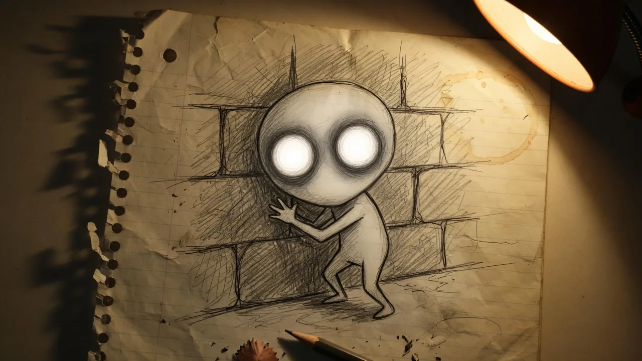 Artist's depiction of a 1970s hand sketch of a large-headed pale figure - conceptual, not Bartlett's original drawing