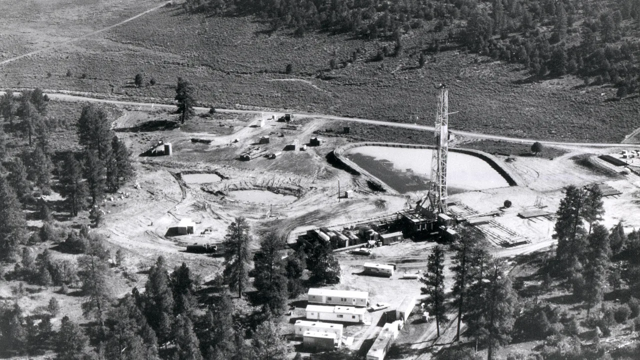 Aerial of the Project Gasbuggy drill site in the Carson National Forest, 1967