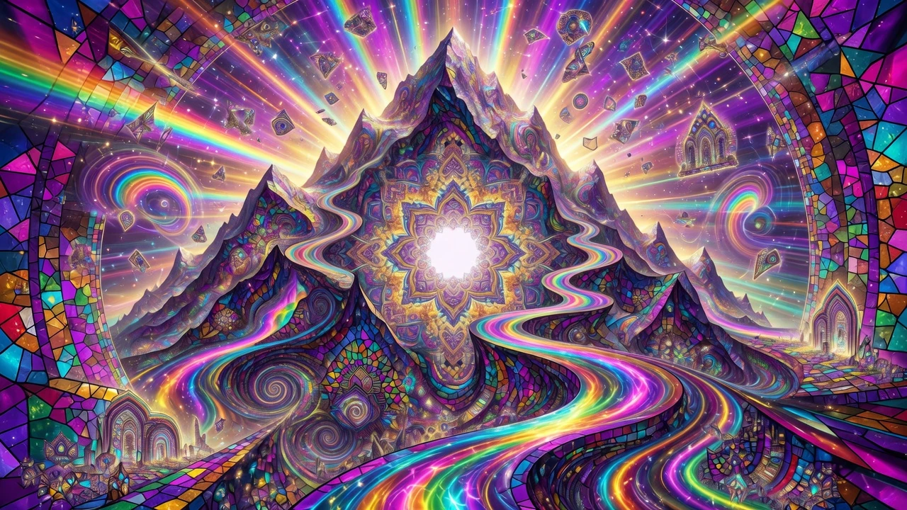 Artist's depiction of a deeper psychedelic peak - fractal tunnels, neon light, ego-dissolution imagery (not a photograph)