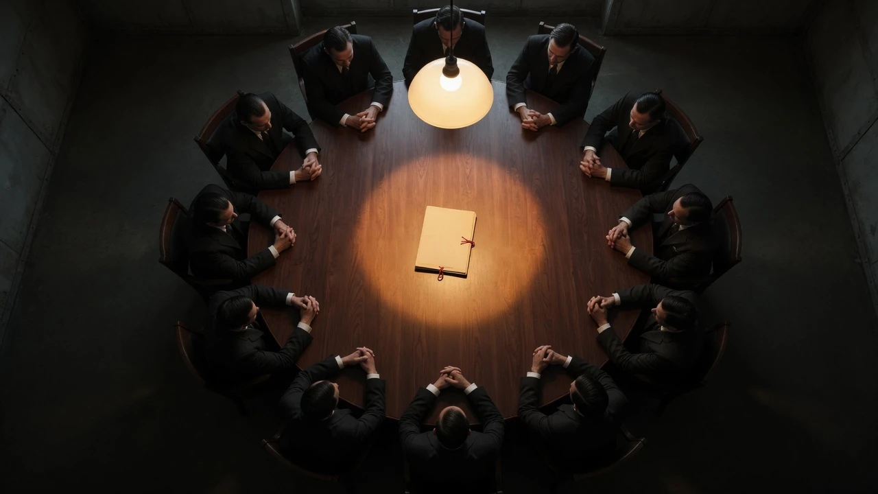 Artist's depiction of twelve men in shadow seated around a round table, seen from directly above. Not a photograph of a real meeting.