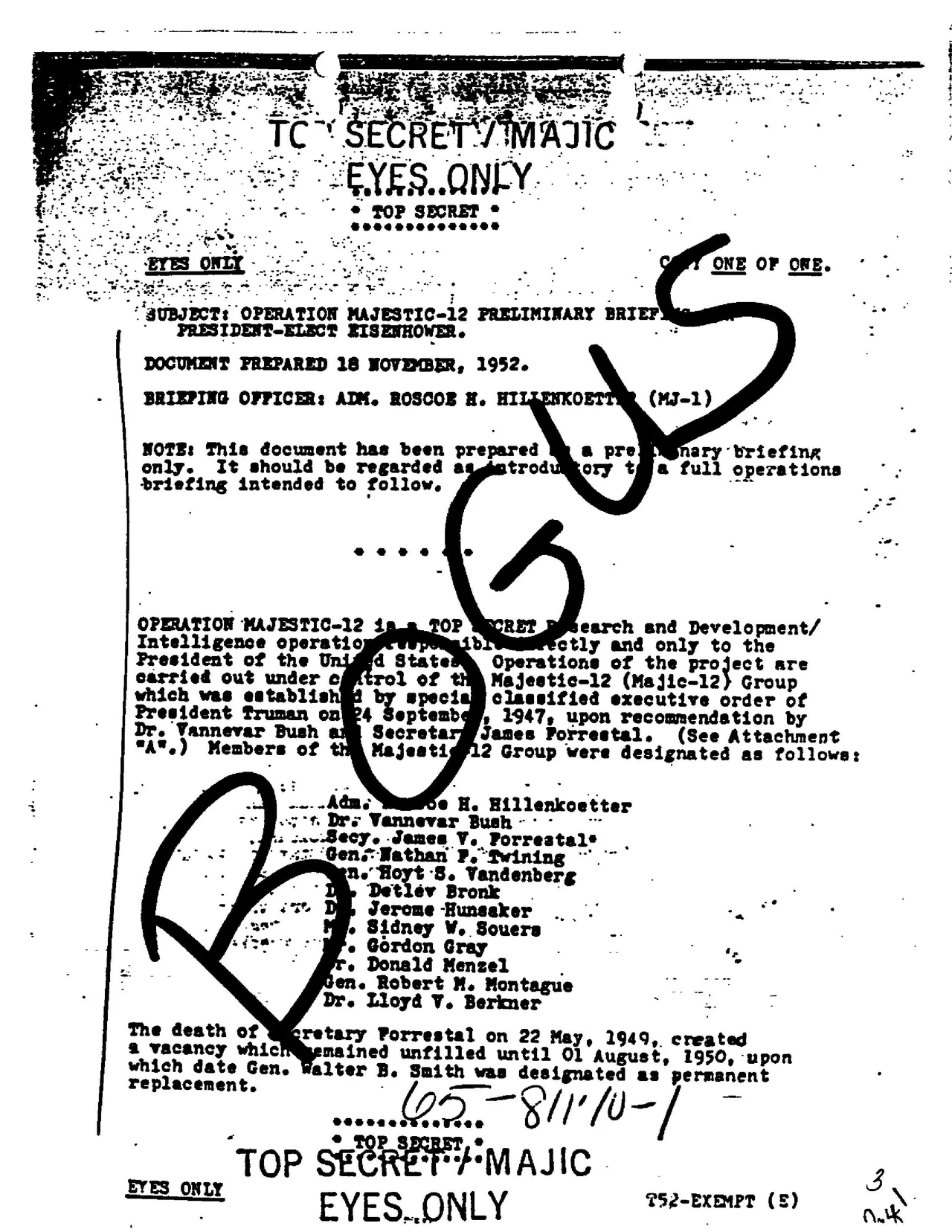First page of an alleged Majestic 12 memo as received by the FBI, with Bureau markings