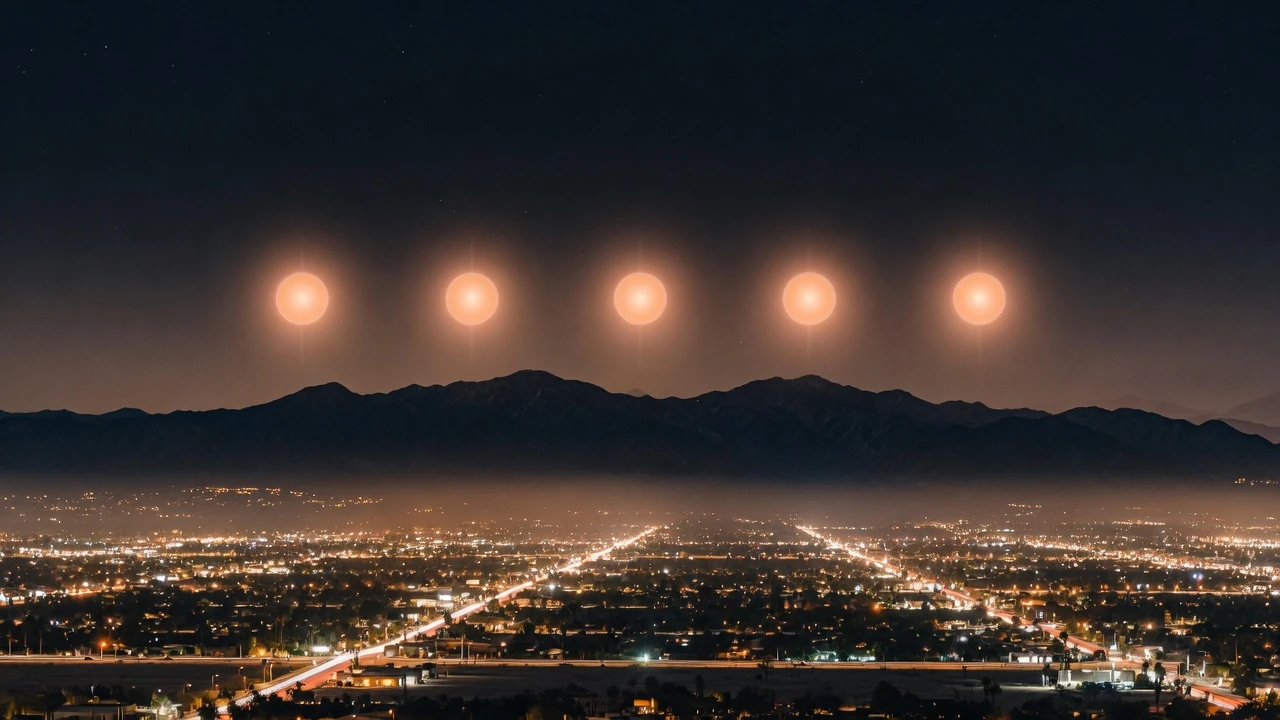 Artist's depiction of a horizontal row of amber orbs over desert mountains and a distant city at night — not a photograph of the 1997 Phoenix Lights