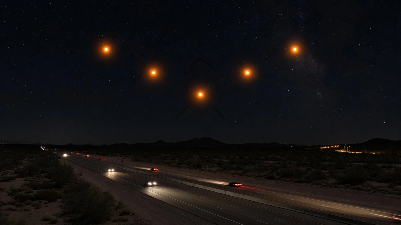 Phoenix Lights - artist's depiction of V-formation lights over Arizona (not a photograph)