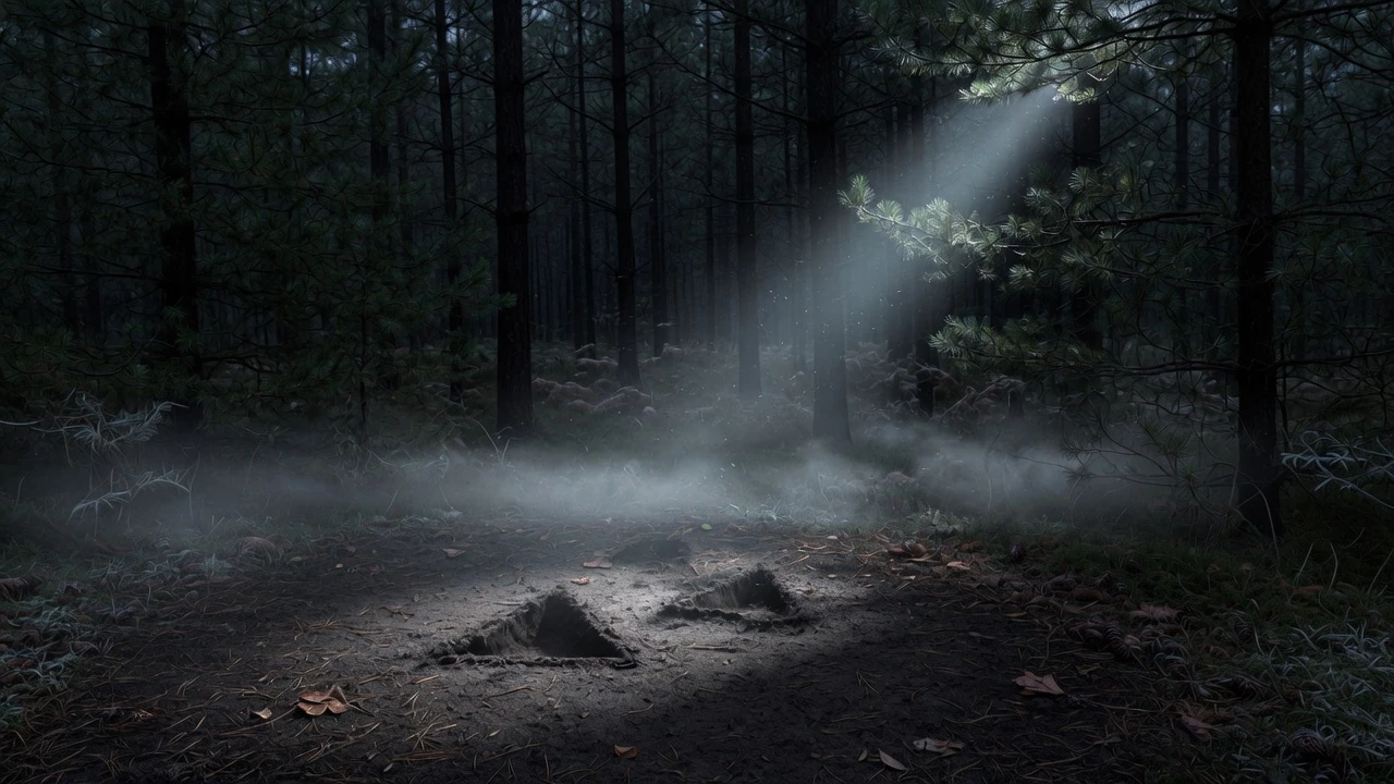 Artist's depiction of a winter forest clearing with faint ground marks and light through trees - not a photograph of Rendlesham Forest 1980