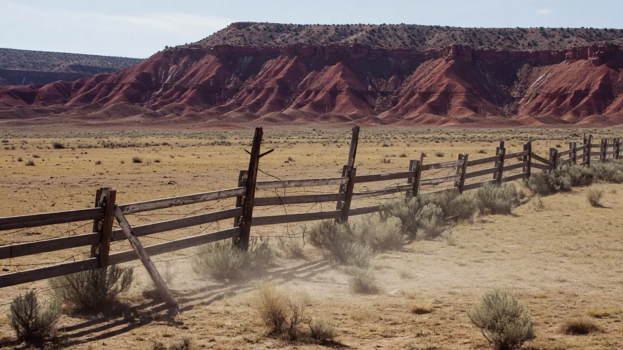 Artist's depiction of a high-desert Utah ranch and red mesa in daylight - conceptual landscape, not a verified photo of the property