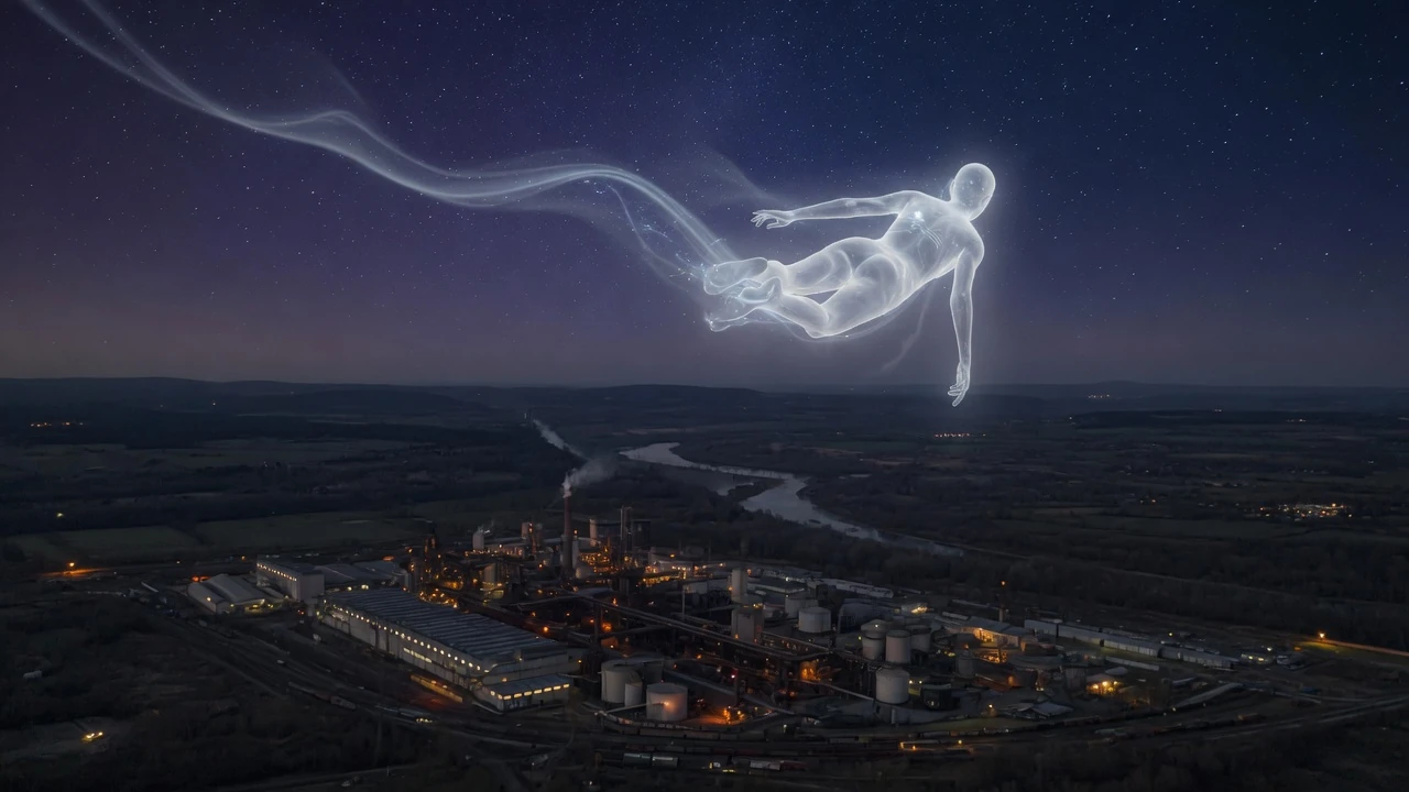 Artist's depiction of a translucent figure floating above a night-time industrial complex, as if scouting a distant target