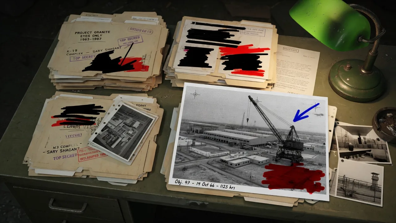Artist's depiction of Cold War intelligence folders and facility photos on a desk - not a photograph of Stargate documents